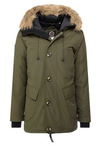 Parka verde oliva con capucha de piel sintética, forro negro, cierre de botón, dos bolsillos frontales y cordón ajustable en el escote.