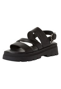 Black leather sandal with three wide straps, thick sole, and adjustable buckle heel strap, angled view on white background.