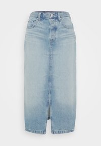 Světlemodrá denimová sukně s předním rozparkem, vysokým pasem a klasickým designem s pěti kapsami. Má zapínání na knoflík a zip.