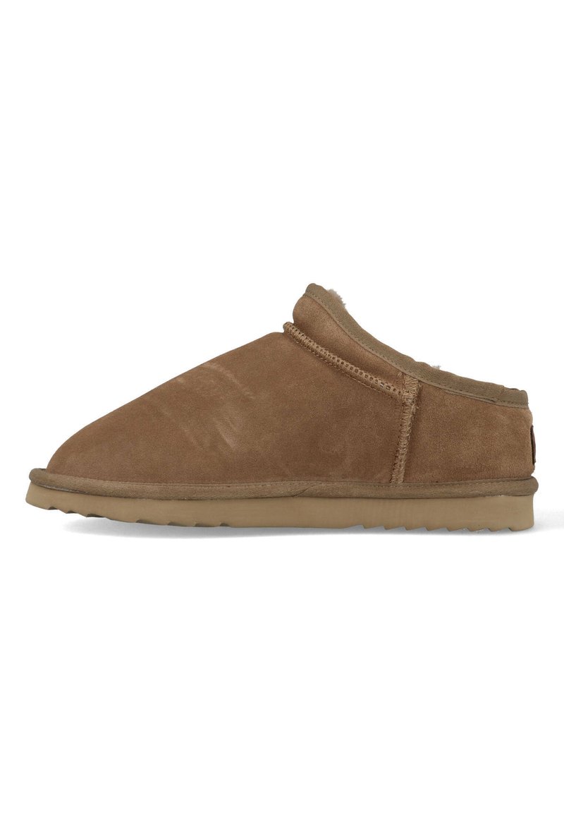 Brown suede slip-on slipper with a rounded toe, stitched accents, and a soft lining. Treaded rubber sole for grip.