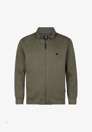 Chaqueta con cremallera color verde oliva con un diseño texturizado en espiga, que incluye un logo negro, cuello alto y puños y bajos acanalados.