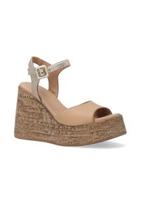Beige Leder-Wedge-Sandalette mit einer strukturierten Korkbasis, offener Zehenpartie und einem verstellbaren metallic-farbenen Knöchelriemen. Hat eine glatte Oberfläche.