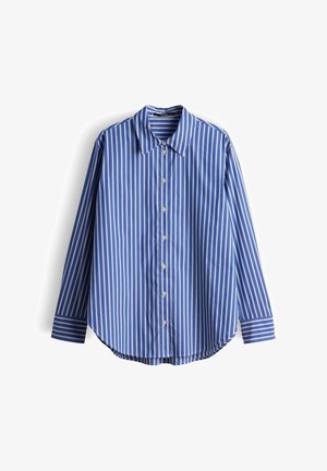 Blau-weiß gestreiftes Langarmhemd mit klassischem Kragen, Knopfleiste und abgerundetem Saum. Glatter Stoff mit regulärer Passform.