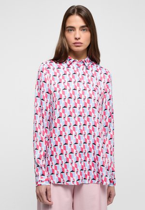 Long-sleeve shirt in a lightweight fabric featuring a geometric pattern in pink, blue, and black, with a collared neckline and button front.