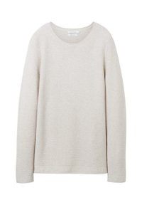Maglione lungo beige chiaro a maniche lunghe con texture a costine, scollatura rotonda e taglio dritto. Design semplice senza loghi o decorazioni visibili.