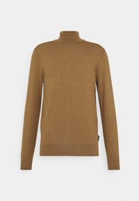 Brauner Rollkragenpullover aus einem weichen Strickstoff. Hat lange Ärmel, eine figurnahe Passform sowie gerippte Bündchen und Saum. Schlichte, einfarbige Gestaltung.