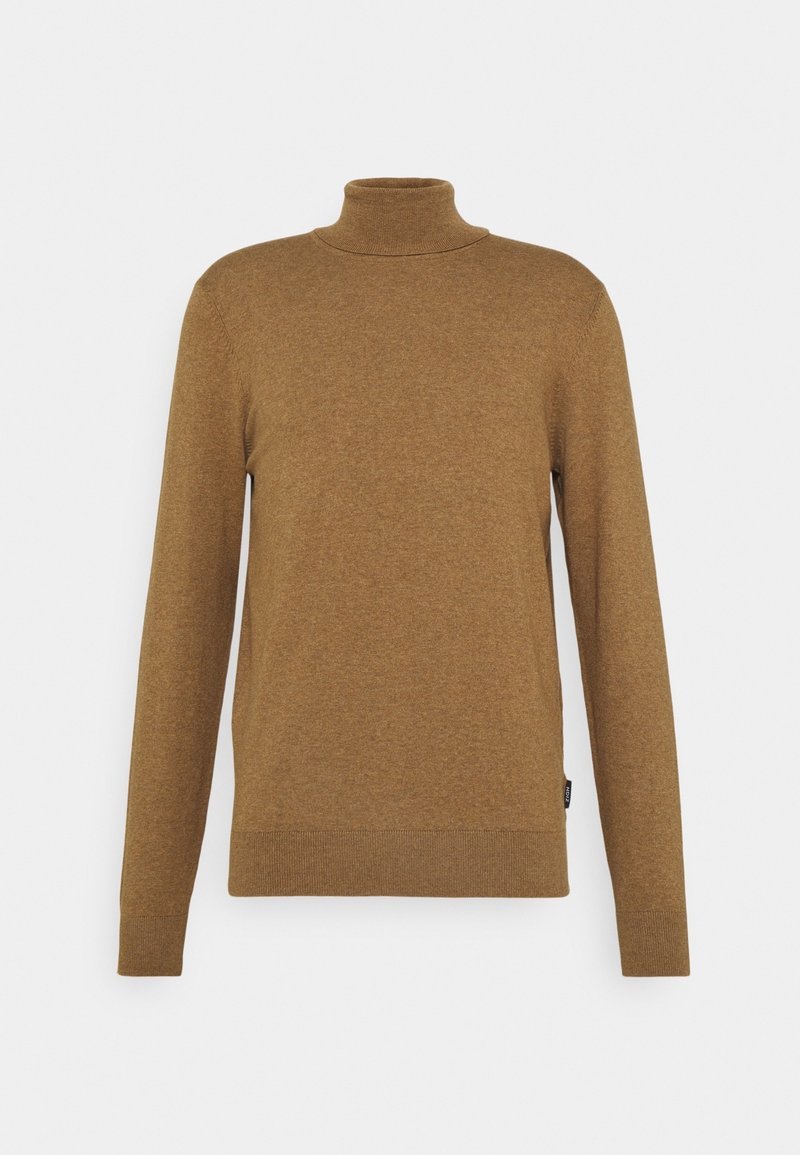 Brauner Rollkragenpullover aus einem weichen Strickstoff. Hat lange Ärmel, eine figurnahe Passform sowie gerippte Bündchen und Saum. Schlichte, einfarbige Gestaltung.