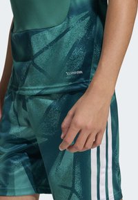 Roupa desportiva verde com design padrão, feita de material respirável. Inclui detalhes da marca e riscas brancas nas laterais.