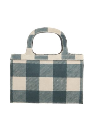 Geruit rechthoekig handtasje met korte handvatten in blauw en beige stof.