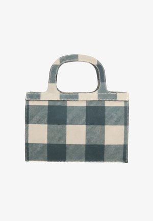 Geruit rechthoekig handtasje met korte handvatten in blauw en beige stof.