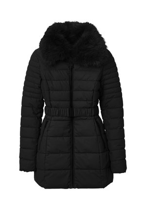 Giacca imbottita nera con cappuccio in pelliccia sintetica, texture trapuntata, vita con cintura e chiusura frontale con zip. Dotata di due tasche laterali.