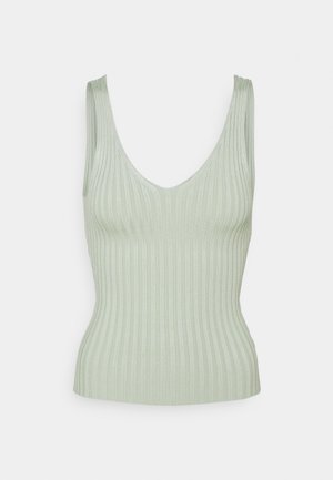 Helles grünes, geripptes Tanktop mit einem runden Ausschnitt und breiten Trägern. Weiche Textur mit einer figurbetonten Silhouette.