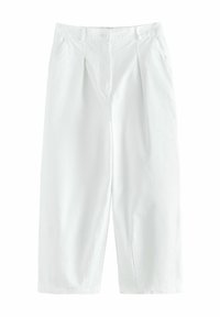 Pantalons blancs coupés avec pinces, fermeture à bouton à l'avant, deux poches latérales, design à jambe droite et en coton lisse.