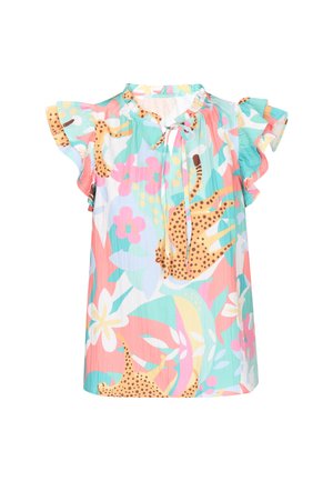 Kolorowa, bezrękawnikowa bluzka z marszczonymi rękawami, wiązanym dekoltem oraz wzorem kwiatowym i lamparta w pastelowych odcieniach różu, niebieskiego i żółtego.