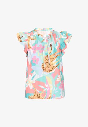 Barevný top bez rukávů s volánkovými rukávy, vázáním na krku a květinovým a leopardím vzorem v pastelových odstínech růžové, modré a žluté.