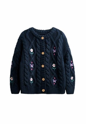 Dunkelblauer gestrickter Cardigan mit Holzknöpfen und floraler Stickerei auf Vorderseite und Ärmeln.