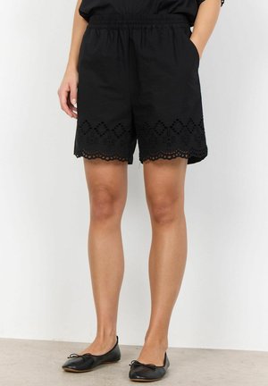 Black shorts made of lightweight fabric, featuring a floral eyelet pattern along the hem and an elastic waistband. Smooth texture with side pockets.