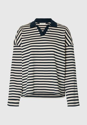 Pikad varrukadega polosärk, millel on mereväe- ja kreemikirju triibuline muster, V-kaelusega ja lõdva lõikega. Pehme kangana ja mansettidega varrukad.