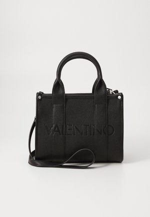 Geantă de mână din piele neagră, cu logo-ul embosat "Valentino", design structurat, cu mânere superioare și curea de umăr detașabilă. Textură netedă.