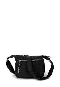 Schwarze Stoff-Crossbody-Tasche mit strukturiertem Oberflächen, zwei mit Reißverschluss versehenen Taschen, verstellbarem Tragegurt und einem Charme-Detail.