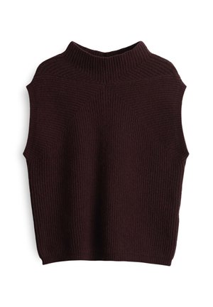 Gilet senza maniche in maglia a coste di colore marrone scuro con colletto a giro alto e motivo testurizzato su sfondo bianco.