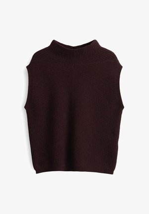 Mouwloze donkerbruine geribbelde gebreide vest met een hoge ronde hals en een textuurpatroon op een witte achtergrond.