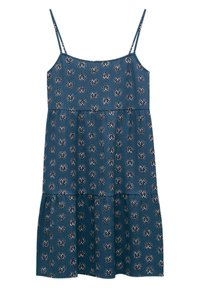 Sininen hihaton mekko, jossa on ohuet olkaimet, valko-musta kukkakuosi ja kerroksellinen hame.