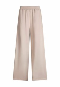 Pantaloni largi de culoare bej deschis, confecționați dintr-un material moale, având o talie elastică pentru confort și un design neted, minimalist.