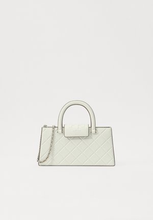 Quilted white handbag with a structured design, top handle, detachable chain strap, and a raised logo on the clasp.