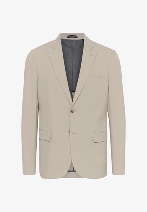 Beige blazer met een soepele textuur, twee voorzakken, een eenknops ontwerp en sluiting met één knoop; heeft een contrasterende binnenvoering.