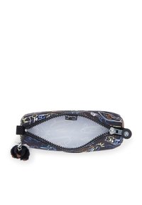 Astuccio con zip nero decorato con disegni astratti colorati e un piccolo portachiavi a forma di scimmietta pelosa, visto dall'alto con la zip aperta.