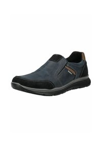 Slip-on shoes in navy leather and black suede, featuring elastic side panels, stitching accents, and a textured rubber sole.