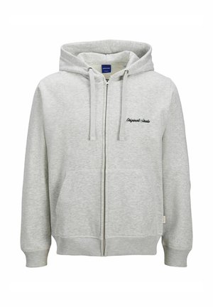 Grau zip-up Hoodie aus weichem Material, mit Kapuze mit Kordelzug, Vordertaschen und gesticktem Text auf der Brust.