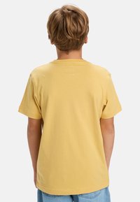 Žluté bavlněné tričko s krátkým rukávem, kulatým výstřihem a rovnými liniemi. Hladká textura, žádné viditelné vzory nebo designy.