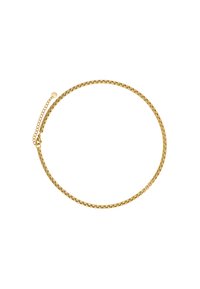 Gouden ketting met kleine, vierkante schakels en een verstelbare sluiting. Gladde textuur, gepolijste afwerking en een verfijnd kettingontwerp.