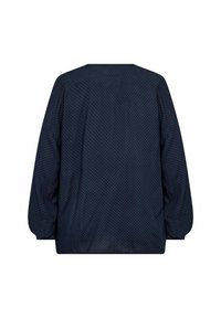 Dunkelblause Bluse mit einem dezenten geometrischen Muster, Rundhalsausschnitt, langen Ärmeln und lockerer Passform, aus einem leichten Stoff gefertigt.