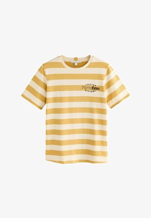 Gelb-weißt gestreiftes T-Shirt aus Baumwolle, mit Rundhalsausschnitt und einem Brustdruck mit "Portofino" und "Italienische Riviera."