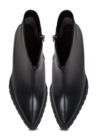 Paire de bottines en cuir noir à bouts pointus et fermetures éclair latérales, vues de dessus sur un fond blanc.