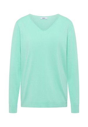 Mintgrøn langærmet V-hals sweater med ribbekant forneden og ved ærmekanterne, vist på en hvid baggrund.