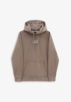 Taupefarbener Vans Hoodie mit vorderer Kängurutasche, Kapuze mit Kordelzug und einem Vans-Logo-Patch in der Mitte der Brust.