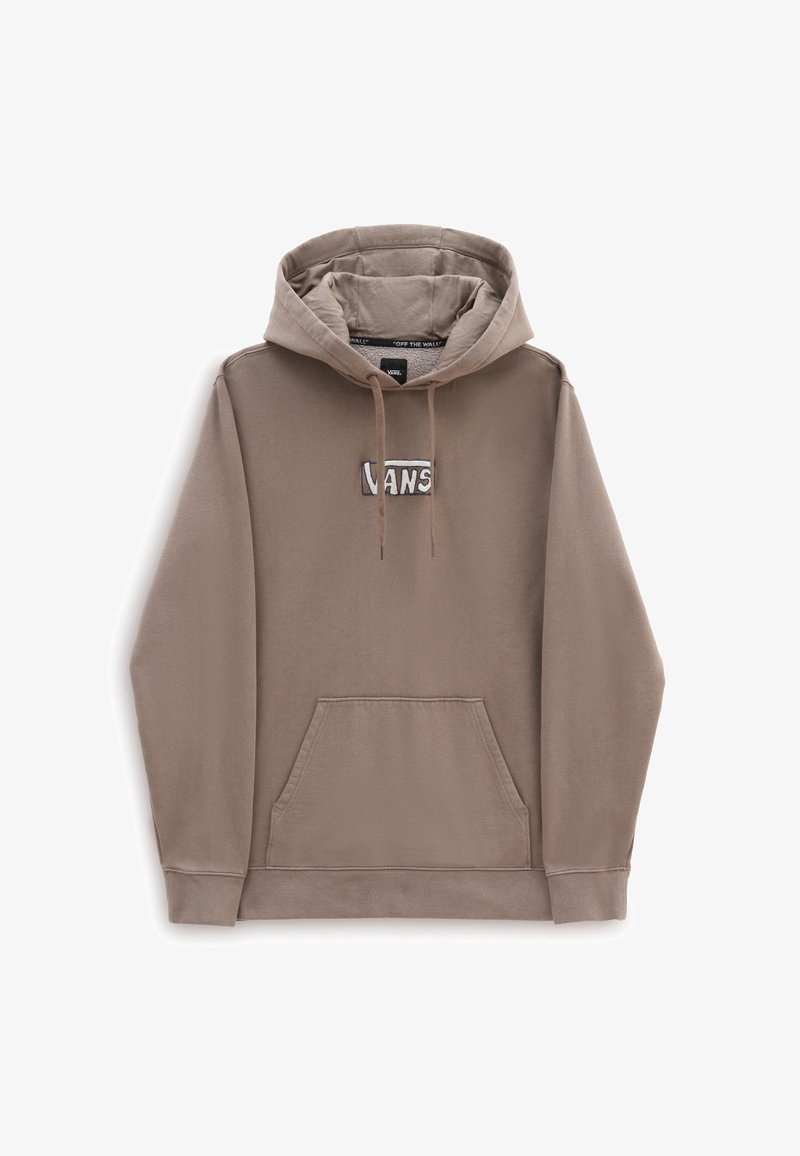 Sweat à capuche taupe Vans avec poche kangourou à l'avant, capuche à cordon et patch logo Vans centré sur la poitrine.
