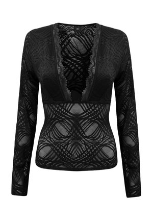 Top lungo a maniche nere realizzato in pizzo con intricati motivi a onde, dotato di scollatura a V profonda e orlo ondulato lungo il colletto.