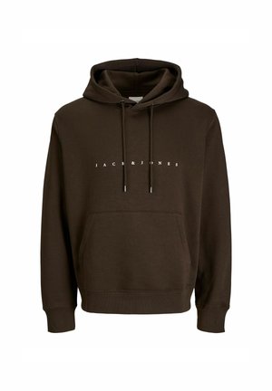 Hnědá bavlněná mikina s kapucí, přední kapsou, nastavitelnou šňůrkou na kapuci a bílým logem "JACK & JONES" vytištěným na hrudi.