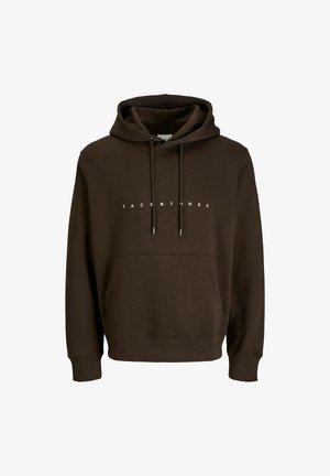 Hoodie en coton marron avec une poche avant, capuche réglable par cordon, et logo "JACK & JONES" imprimé en blanc sur la poitrine.