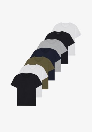 Eight t-shirts in various colors: black, white, grey, navy, and olive. Short sleeves, round necks, cotton blend with simple designs.
