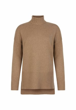 Brun, överdimensionerad stickad tröja med hög krage, ribbad nederkant och manschettdetaljer. Mjuk textur med avslappnad passform och längre baksida.