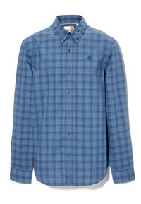 Camicia a maniche lunghe blu con bottoni, con motivo a quadri rosso e nero, colletto abbottonato e piccolo logo ricamato sul lato sinistro del petto.