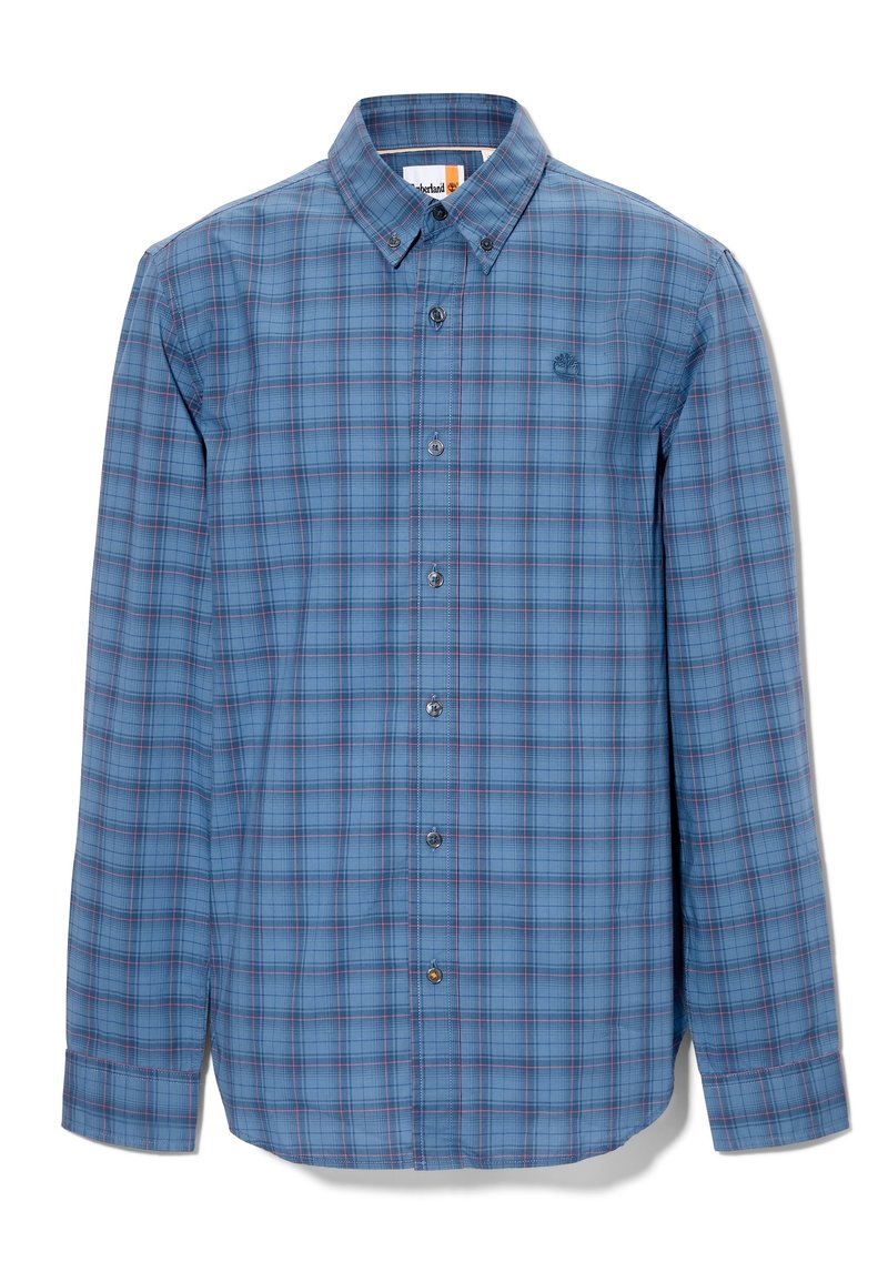 Camicia a maniche lunghe blu con bottoni, con motivo a quadri rosso e nero, colletto abbottonato e piccolo logo ricamato sul lato sinistro del petto.