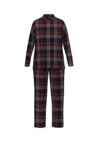 Geruite loungewear set bestaande uit een lange mouw knoopshirt met een kraag en bijpassende broek, in tinten van bordeauxrood, marineblauw en beige.
