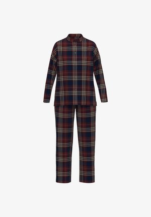 Kariertes Loungewear-Set mit einem langärmligen, knöpfbaren Hemd mit Kragen und passenden Hosen in den Farben Burgunderrot, Marineblau und Beige.